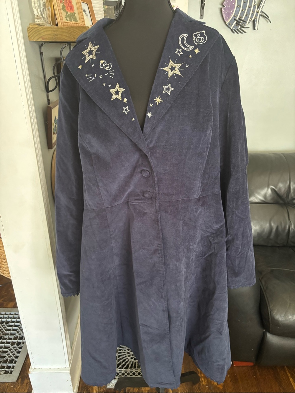 Torrid hello kitty navy blue velvet embroidered corset back coat celestial 3 3X
